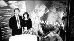 Jay Fredericks, director of mineral policy for Saskatchewan, and Patti Colewell, communications officer, man the province's booth at the recent convention of the Prospectors & Developers Association of Canada, in Toronto.