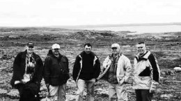 Gathered at the East Zone gossan (from left to right) are DIAND District Geologist Jurate Gertzhein, analysts Craig Miller and Gerald Rayner, consulting geologist Nick Carter and Starfield President Glen Indra.