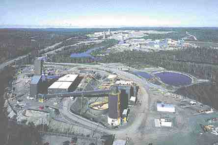 Huddled together on the north shore of Lake Superior: Teck Cominco and Barrick Gold's David Bell mine (foreground), Newmont Mining's Golden Giant mine (background, right), and Teck and Barrick's Williams mine (background, left). The Trans Canada Highway is shown far left.