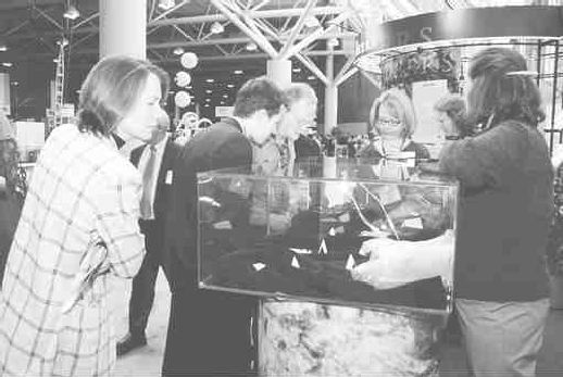 Large quantities of gemstones always attract attention -- and tedious questions about free samples. Here, delegates look longingly at rough stones displayed at the De Beers exhibit.