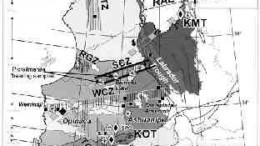 The lines in the centre show the location of the Lac Bienville reconnaissance survey. The letters KOT mark the location of the Otish Mountains diamond play.