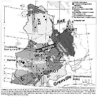 The lines in the centre show the location of the Lac Bienville reconnaissance survey. The letters KOT mark the location of the Otish Mountains diamond play.