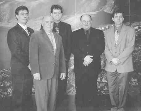 Assembled, left to right, at the joint-venture signing in Montreal are: Paul Papigatuk, president of Nuvumiut Development; Wallace Bradley, president of Bradley Bros.; Gary Potts, chief geologist for Socit Minire Raglan du Qubec; Arthur Murdy, general manager of Bradley Bros.; and Terry Mallinson, senior geologist with Falconbridge.