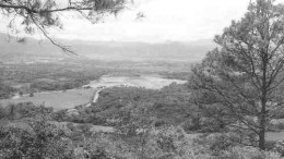 Looking down from the Rosa deposit at the San Martin leach pads during construction in 2000.