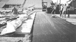 The concrete on the left is the burnout box at the beginning of the quarter-mile drag strip at the Brainerd International Raceway in north-central Minnesota. Asphalt, containing taconite, connected the new concrete track near the starting line. It also extends the track from the 750-ft. mark, where the concrete ends.