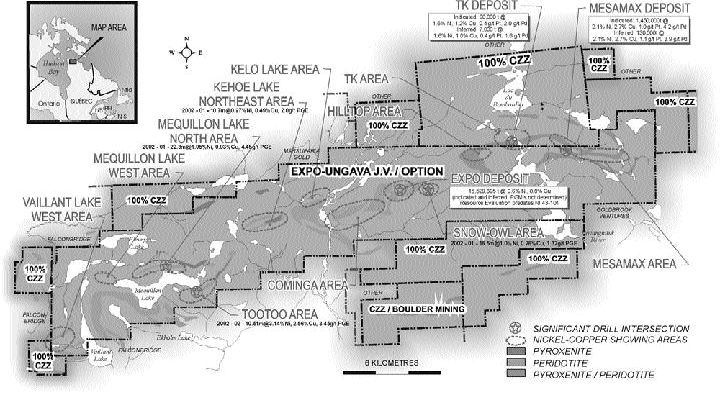 Map credit: Canadian RoyaltiesA map outlining Canadian Royalties' deposits and targets in the Expo-Ungava region of far northern Quebec.