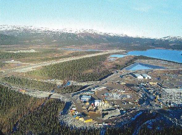 The permanent airstrip (upper left) and construction of the concentrator (far right) at the Voisey's Bay nickel project, south of Anaktalak Bay, Labrador. The operation belongs to Voisey's Bay Nickel Co., a wholly owned subsidiary of Inco.