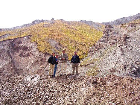 (From left) Brokers Scott Hunter and Thomas Seltzer, Majestic Geologist David Pollard, and Haywood Securities Analyst James Mustard discuss mineralization controls in Zone IV on the Sawayaerdun project in eastern China's Xingjiang Autonomous Region.