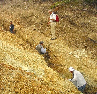 Geologists and analysts line a trench looking for signs of gold mineralization at the Tolvana prospect on FreeGold Ventures' Golden Summit property in Fairbanks, Alaska. Meridian Gold can earn a 70% interest in the property.