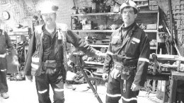 From left to right: Pierre Jeansomme, geological technician and Michel Lafleur, mine captain, underground in the machine shop at Wesdome's Kiena mine.