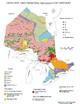 Geological map of Ontario, showing locations of the Swayze and Shining Tree greenstone belts.
