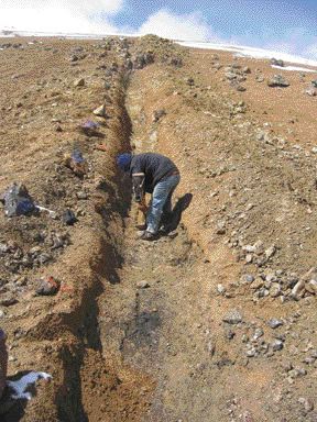 The silver-rich Trench 4 zone on Bear Creek Mining's Corani property in southern Peru. Assays yielded grades averaging 3.7 oz. silver per tonne over 120 metres.