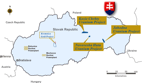 Location of Tournigan Gold's mineral projects in the Slovak Republic