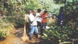 A field team from Mano River stands on the outcrop of the first known diamondiferous kimberlite pipe in Liberia, which was discovered in 2000.