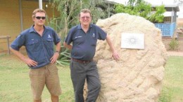 Kimberley Diamond Mine Manager Nick Algie (left) and Chairman Miles Kennedy stand beside one of the first pieces of diamondiferous lamproite ore mined from Pipe 9 at the Ellendale operation in Western Australia.