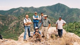 Newmont's exploration team on Grayd Resource's La India gold project in Sonora State, Mexico. Left to right: Joe Bartolino, Pat Mallette (kneeling), Jose Trujillo Salcedo, Julio Esquer Mundo, Ken Paul and Adan Garcia (property vendor/prospector).