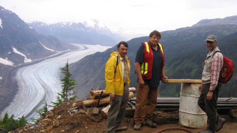 Examining a drill site during a Northern Miner visit to the Silver Coin project.