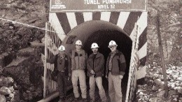 In front of a portal at the past-producing Caylloma silver mine in Peru, from left: Caylloma Mine Manager Edgardo Salas; Fortuna Silver Mines Vice-President of Business Development Jorge Ganoza Durant; President Peter Thiersch; and Vice-President of Operations Jorge Ganoza Aicardi.