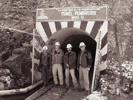 In front of a portal at the past-producing Caylloma silver mine in Peru, from left: Caylloma Mine Manager Edgardo Salas; Fortuna Silver Mines Vice-President of Business Development Jorge Ganoza Durant; President Peter Thiersch; and Vice-President of Operations Jorge Ganoza Aicardi.