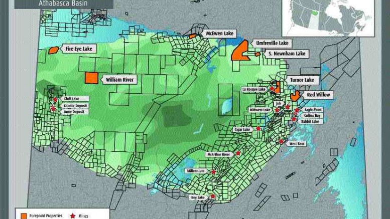 A map outlining various claims and operations in the Athabasca Basin.