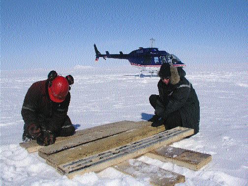 Stornoway Diamond president and CEO Eira Thomas (right) prepares core for transport from the Aviat diamond property on the Melville Peninsula in Nunavut.