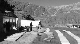 The base camp at the Corani silver-zinc project in Peru. Bear Creek Mining's geological team lays out drill core for evaluation.