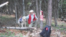 Almaden Minerals' qualified person, Ed Balon, and his dog Dakota, stake in situ quartz vein mineralization on the NIC showing, part of the Prospect Valley property in the Spences Bridge gold belt -- about 250 km east of Vancouver.