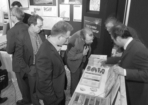 Delegates examine core in the Core Shack during the 2005 PDAC convention.