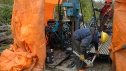 Drillers Bill Murkley (foreground) and Andre Belanger of Driftwood Diamond Drilling on the NW Expo area of Lumina Resources' Hushamu project on northern Vancouver Island.