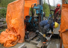 Drillers Bill Murkley (foreground) and Andre Belanger of Driftwood Diamond Drilling on the NW Expo area of Lumina Resources' Hushamu project on northern Vancouver Island.