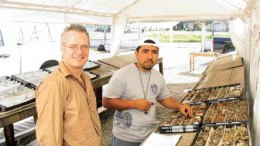 ROB ROBERTSONLinear Gold's operations manager Terry Christopher (left) stands with a local geologist under the core tent at the Ixhuatan gold project in southern Mexico.