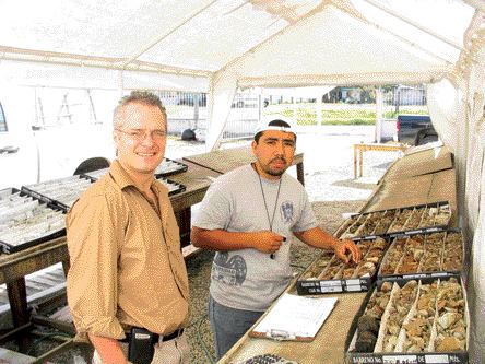 ROB ROBERTSONLinear Gold's operations manager Terry Christopher (left) stands with a local geologist under the core tent at the Ixhuatan gold project in southern Mexico.