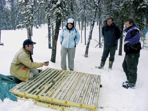 STEPHEN STAKIWFrom left: Nuinsco consulting geologists Chris Wagg and Laura Giroux, vice-president of exploration Paul Jones, and project manager Laird Tomalty examine core at the Diabase uranium project in northern Saskatchewan's Athabasca basin.