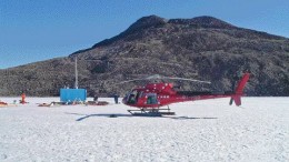 HUDSON RESOURCESA drill rig and helicopter rest on 1.5-metre-thick ice at Hudson Resources' Garnet Lake diamond project in western Greenland. The lake is 42 metres deep and hosts an anomalous magnetic signature.