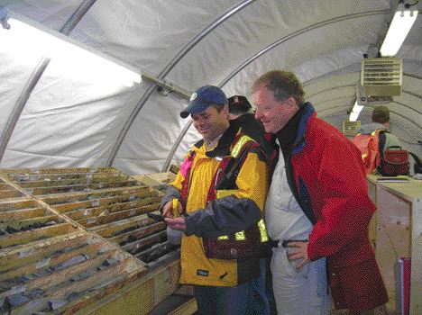 VIVIAN DANIELSONPacifica exploration manager John O'Donnell (left) and company president Harlan Meade examine core from the Selwyn lead-zinc project.