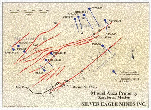 A map of Silver Eagle Mines' Miguel Auza silver property.