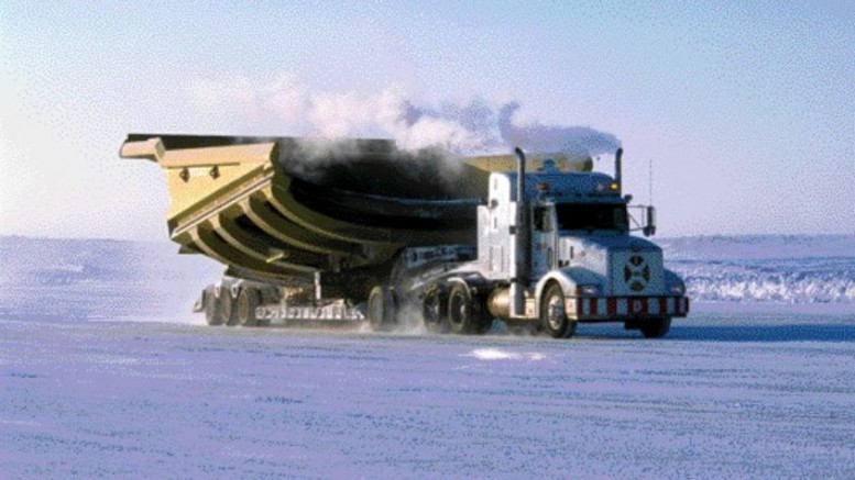 ABER DIAMONDThis past winter's shortened ice road season in the Arctic delayed the transport of large items, and forced De Beers to fly others in at Gahcho Kue at a higher cost. Here a 24-wheeler hauls a 200-tonne payload compartment of a much larger truck across a winter road to the Diavik diamond mine, 300 km northeast of Yellowknife, N.W.T. Diavik Diamond Mines is owned 40% by Aber Diamond Mines, with the remainder held by Rio Tinto.