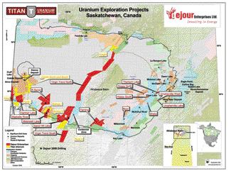 TITAN URANIUMA map highlighting uranium projects in Saskatchewan's Athabasca basin.