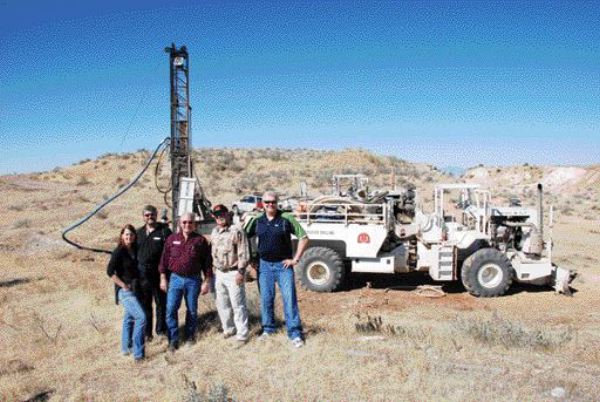 BY STEPHEN STAKIWReverse-circulation drilling on Freegold Ventures' Almaden gold project in west-central Idaho. From left: Vice-president of business development Kristina Walcott, president Steve Manz, vice-president of exploration Michael Gross, project manager Edward Fields and chairman Harry Barr.