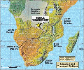 A map showing the location of Tenke Fungurume in the Democratic Republic of the Congo.