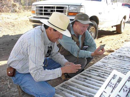 BY JAMES WHYTEAdrian Robles of Southern Silver and Chris Lloyd of Soltoro examine core from the Minas de Ameca project in central Jalisco state, Mexico.