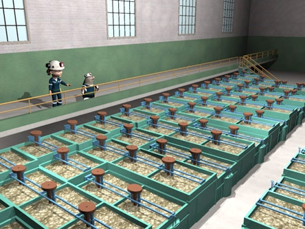 Two characters from Nickel Quest look at a nickel flotation circuit during a virtual underground mine tour.