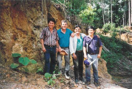 BY VIVIAN DANIELSONMetallurgist Jerry Alo, John Felderhof, project manager Michael De Guzman, and geologist Cesar Puspos at the Busang gold project in East Kalimantan, Indonesia, in 1996.