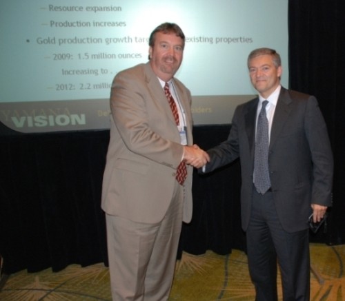 Meridian Gold president and CEO, Ed Dowling (left), and Yamana Gold chairman and CEO, Peter Marrone, share congratulations after reaching agreement on Yamana's increased takeover offer.