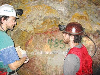 Frank Melcher (left), a geologist with the German Geological Survey, and an expert on germanium brought in by War Eagle as a consultant, with David Turner underground at Tres Marias.