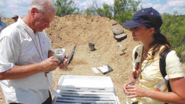 BY STEPHEN STAKIWMexican Silver Mines' geological consultant Michael Thompsen and Haywood Securities mining analyst Deanna McDonald examine drill core on the La Blanca silver-lead project.