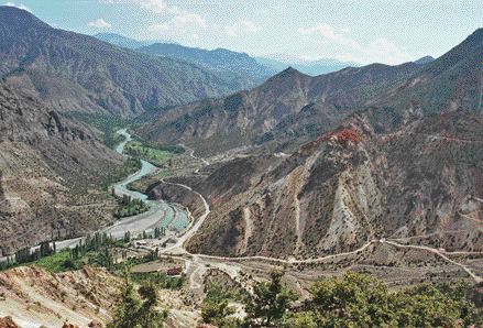 BY JOHN CUMMINGAt Mediterranean Resources' Tac property in Turkey, looking south from Karsibayir Tepe to the T-6 Valley and Sezai Ridge gold zones in the right foreground. To the left is the Coruh River valley, which is slated to be flooded above the road level in order to generate power at a planned dam, 18 km downstream.