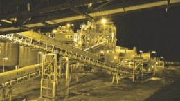 A night-time view of conveyors at Barrick Gold and MDN's Tulawaka gold mine in Tanzania.