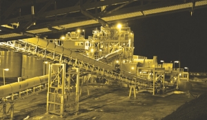 A night-time view of conveyors at Barrick Gold and MDN's Tulawaka gold mine in Tanzania.