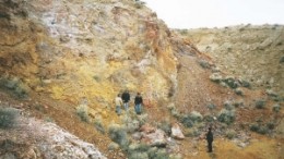 Bojan Zabev looks on as Tim Carew, Sam Nunnemaker & Robert Carrington examine high-grade gallium mineralization in Gold Canyon Resources' "G" pit at the Cordero gallium project.